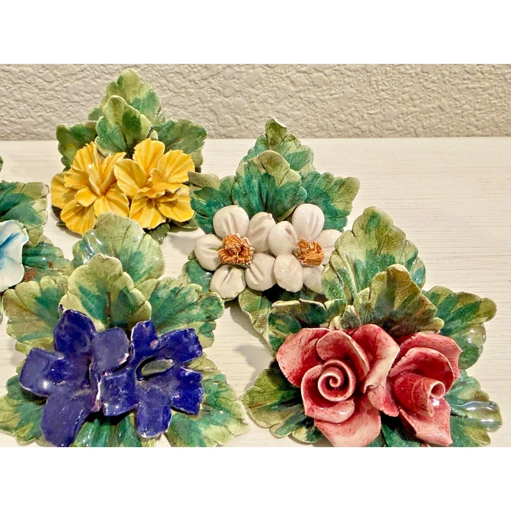 Vintage Italian Ceramic Floral Place Card Holders Set of 16 Italy 1950s Cottage